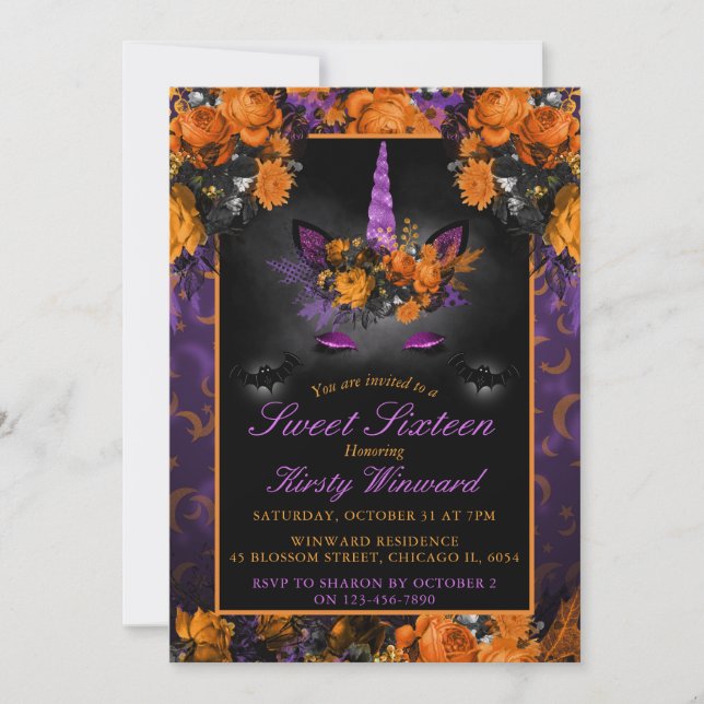 Elegant Halloween Flowers Unicorn Sweet 16 Invitation (Front)
