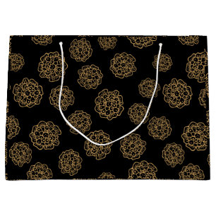 Elegant Halloween Golden Yellow Flowers on Black Large Gift Bag