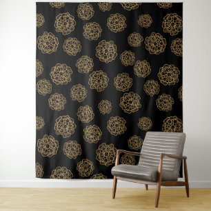 Elegant Halloween Golden Yellow Flowers on Black Tapestry