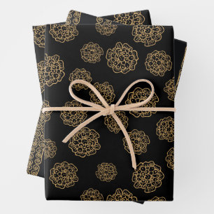 Elegant Halloween Golden Yellow Flowers on Black Wrapping Paper Sheet