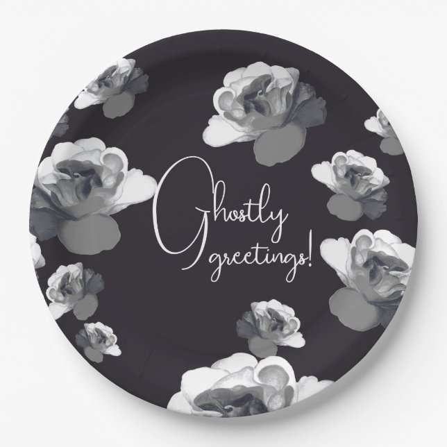 Elegant Halloween Greetings Ghostly Rose Paper Plate (Front)