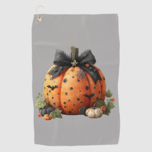 Elegant Halloween Pumpkin with Black Bow Golf Towel