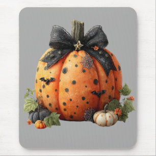 Elegant Halloween Pumpkin with Black Bow Mouse Mat