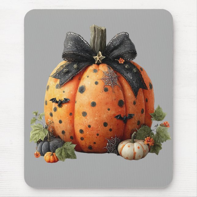 Elegant Halloween Pumpkin with Black Bow Mouse Mat (Front)