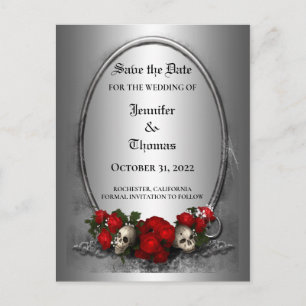 Elegant halloween wedding save the date postcard