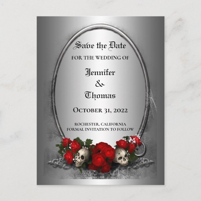 Elegant halloween wedding save the date postcard (Front)