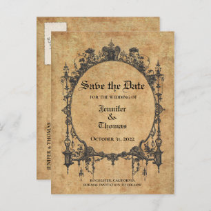 Elegant halloween wedding save the date postcard