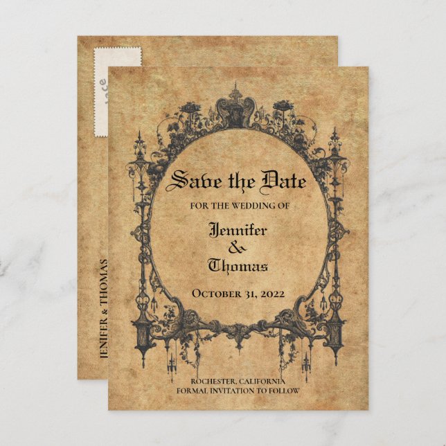 Elegant halloween wedding save the date postcard (Front/Back)