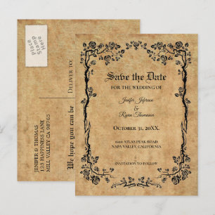 Elegant halloween wedding save the date postcard