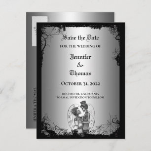 Elegant halloween wedding save the date postcard