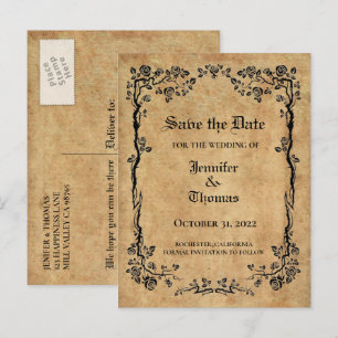 Elegant halloween wedding save the date postcard
