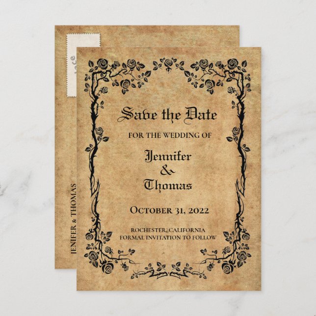 Elegant halloween wedding save the date postcard (Front/Back)