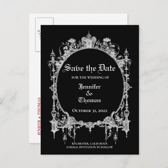 Elegant halloween wedding save the date postcard (Front/Back)