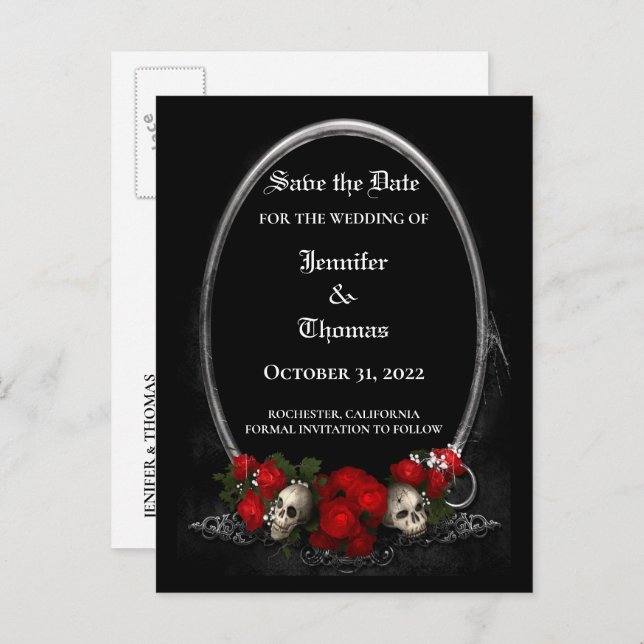 Elegant halloween wedding save the date postcard (Front/Back)