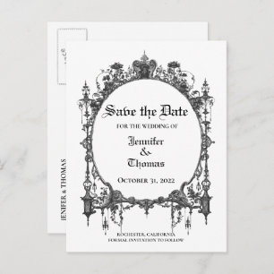 Elegant halloween wedding save the date postcard