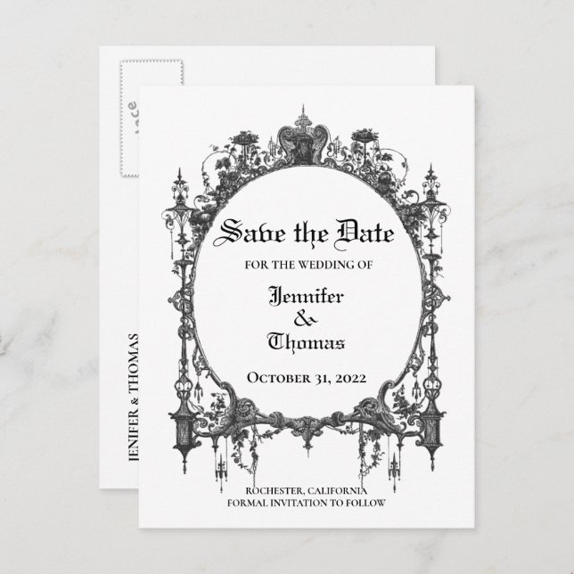 Elegant halloween wedding save the date postcard (Front/Back)