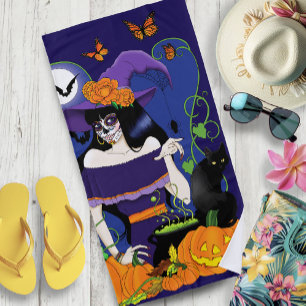 Elegant Halloween Witch Sugar Skull Purple Beach Towel