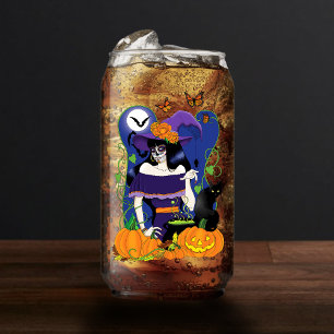 Elegant Halloween Witch Sugar Skull Purple Can Glass