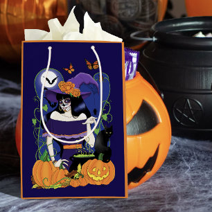 Elegant Halloween Witch Sugar Skull Purple Medium Gift Bag