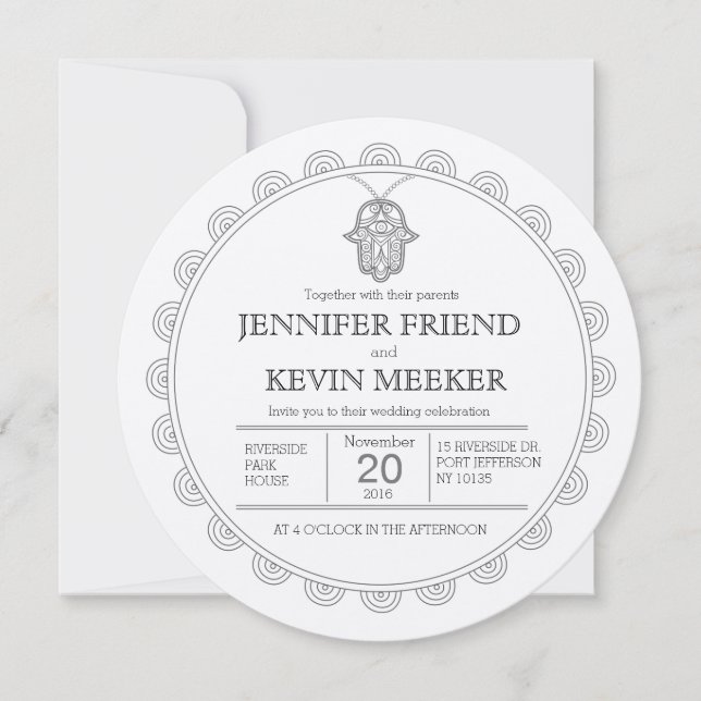 Elegant Hamsa round wedding invitation (Front)