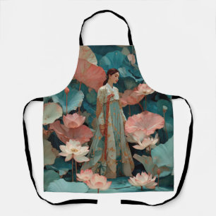 Elegant Hanbok Woman in Pink Lotus Garden Apron