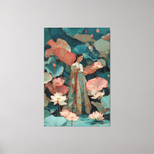 Elegant Hanbok Woman in Pink Lotus Garden Canvas Print