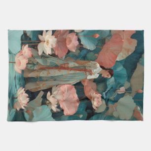 Elegant Hanbok Woman in Pink Lotus Garden Tea Towel