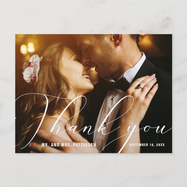 Elegant Hand Calligraphy Photos Wedding Thank You Postcard (Front)