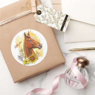 Elegant hand drawing horse with plants and flowers classic round sticker