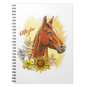 Elegant hand drawing horse with plants and flowers notebook
