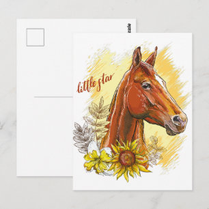 Elegant hand drawing horse with plants and flowers postcard