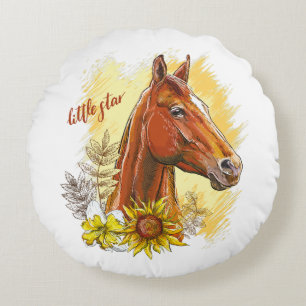 Elegant hand drawing horse with plants and flowers round cushion
