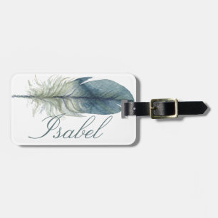 Elegant Hand drawn blue grey watercolor feather Luggage Tag
