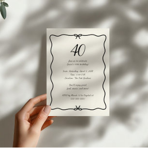 Elegant Hand Drawn Bow Border 40th Birthday Invitation