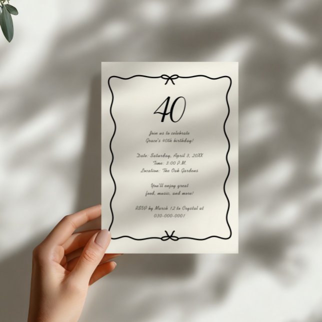 Elegant Hand Drawn Bow Border 40th Birthday Invitation (Creator Uploaded)