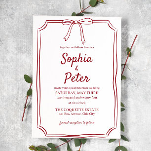 Elegant Hand-Drawn Bow Chic Crimson Red Wedding Invitation