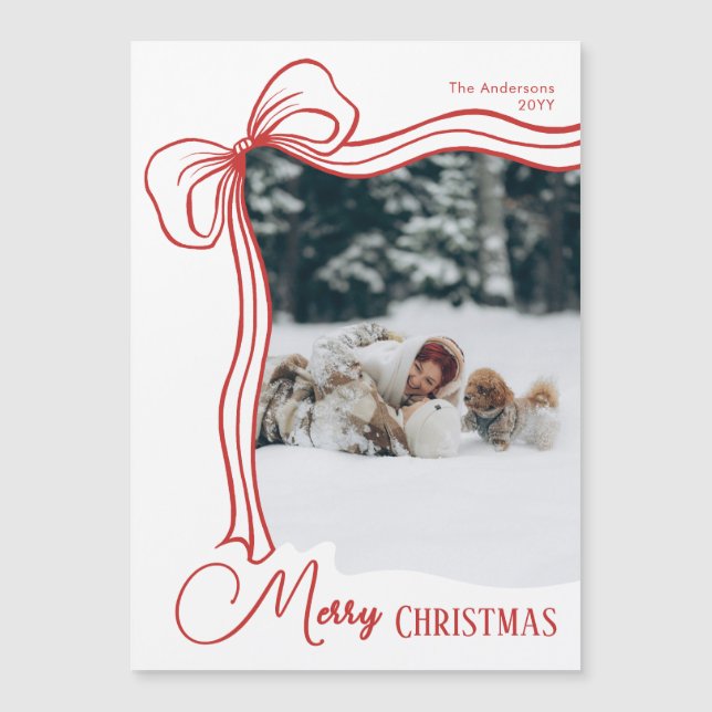 Elegant Hand Drawn Bow Christmas Magnetic Card (Front)
