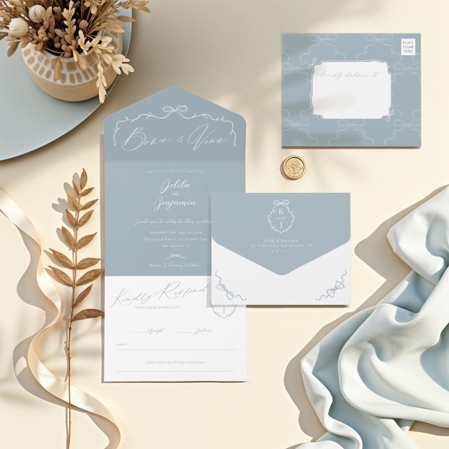 Elegant Hand Drawn Bow & Ribbon Monogram Wedding All In One Invitation (Elegant Hand Drawn Blue Bow & Ribbon Monogram Wedding All In One Invitation)