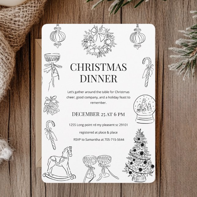 "Elegant Hand-Drawn Christmas Dinner  Invitation (Creator Uploaded)