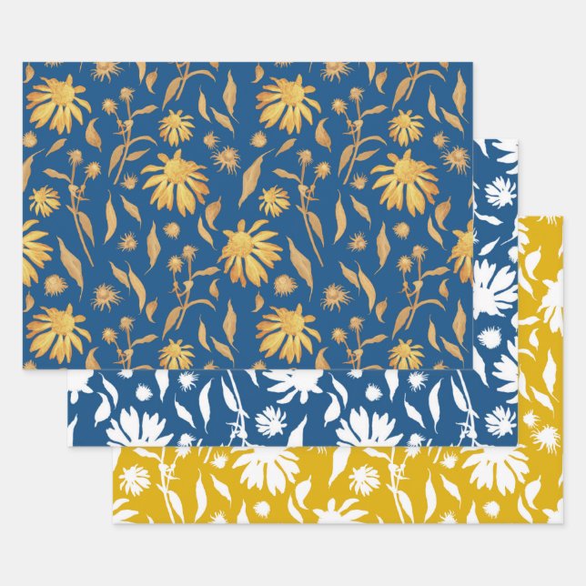 Elegant Hand-drawn Coneflowers Blue Yellow Wrapping Paper Sheet (Set)