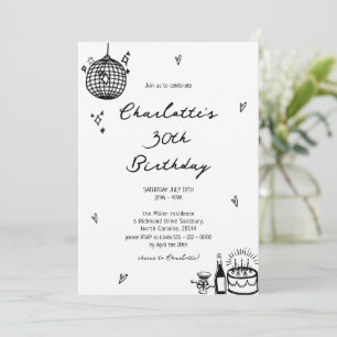 Elegant Hand Drawn disco ball 30th Birthday  Invitation