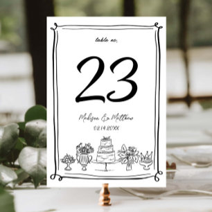 Elegant Hand Drawn Doodles Scribbles Wedding Party Table Number
