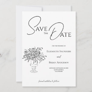 Elegant Hand Drawn Floral Black White Wedding Save The Date