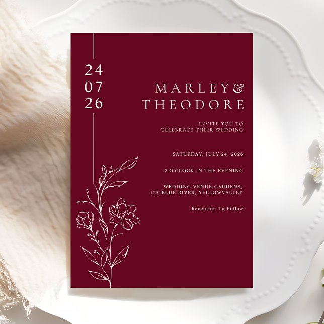 Elegant Hand Drawn Floral Burgundy Wedding Invitation (Creator Uploaded)