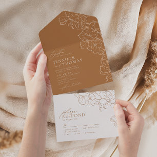 Elegant hand drawn floral golden fall wedding all in one invitation