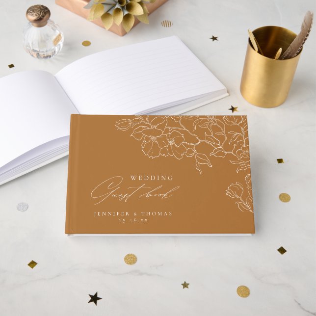 Elegant hand drawn floral golden fall wedding guest book (Front Open)