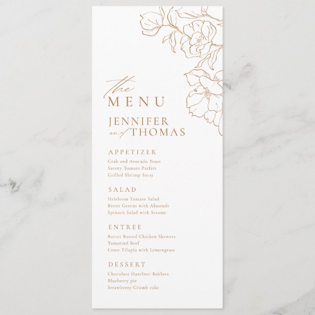 Elegant hand drawn floral golden fall wedding menu (Front)