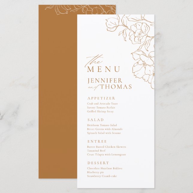 Elegant hand drawn floral golden fall wedding menu (Front/Back)