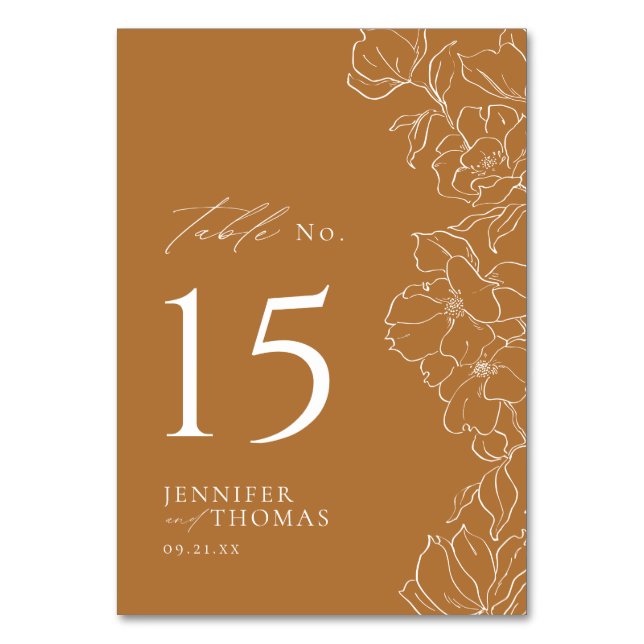  Elegant hand drawn floral golden fall wedding Table Number (Front)