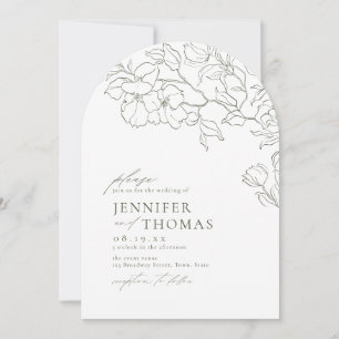 Elegant hand drawn floral sage green arch wedding invitation